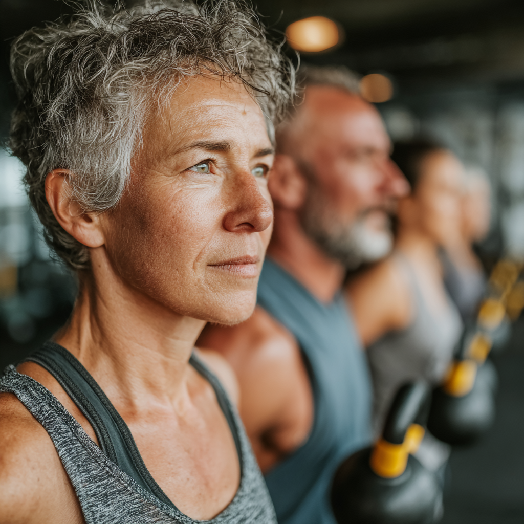 Group of middle-aged adults aged 40-55 doing functional training exercises with kettlebells and resistance bands in a spacious fitness studio