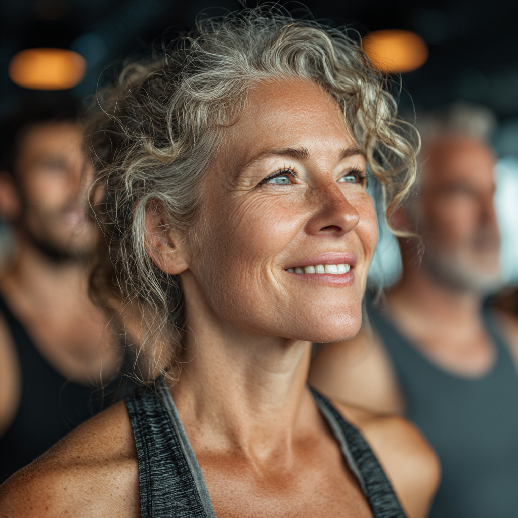 Woman in her 50s participating in a group fitness class with other middle-aged participants in a bright, modern gym